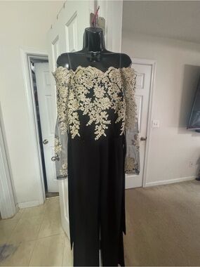 Off-Shoulder Black Wide-Leg Jumpsuit with Gold Lace Embroidery
